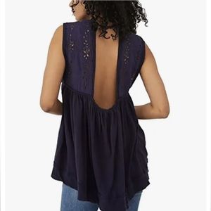 FREE PEOPLE Bella Babydoll Sleeveless Peasant Boho Lace Indigo Blue Top XS
